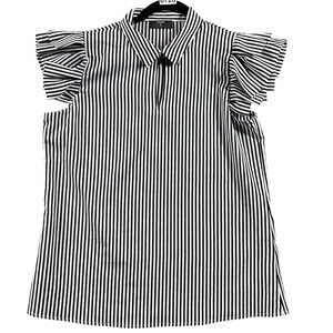 T Tahari SzM B&W Striped Blouse Keyhole V-neck Slit Ruffle Cap Sleeve Top Mod‎